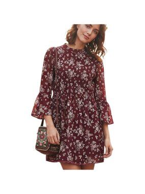Jodi Kristopher Two Piece Mini Dress Floral Burgundy Bell Sleeve Boho Size L